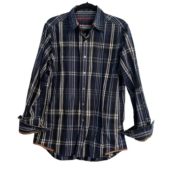 Robert Graham Jeans Plaid Button Down Shirt Long Sleeve Velvet Trim M Travel - Picture 1 of 13